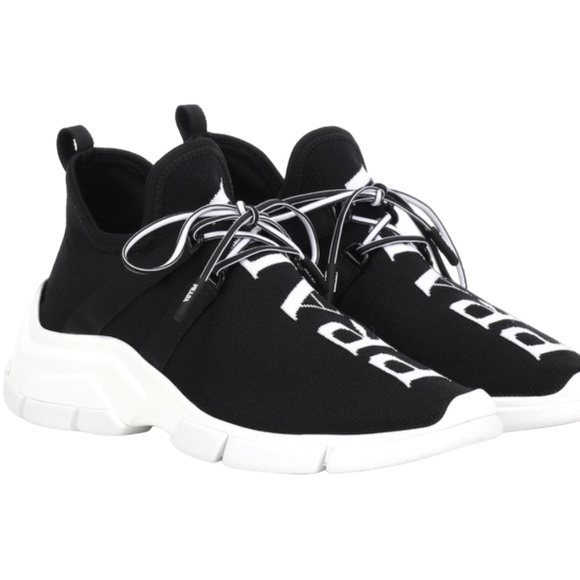 Prada XY Logo Sock Black White Knit Flat Lace Up Tie Pull On Trainer Sneaker 35 - Picture 1 of 13
